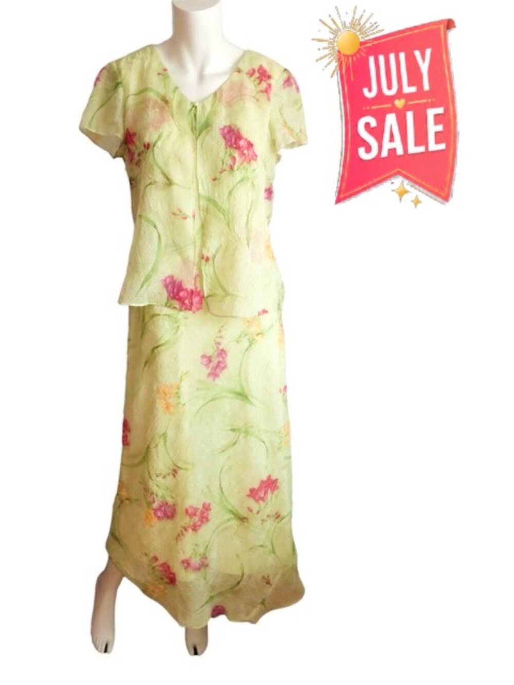 Karin Stevens Floral Maxi Dress Size 10 Pale Green Faux Jacket Lightweight